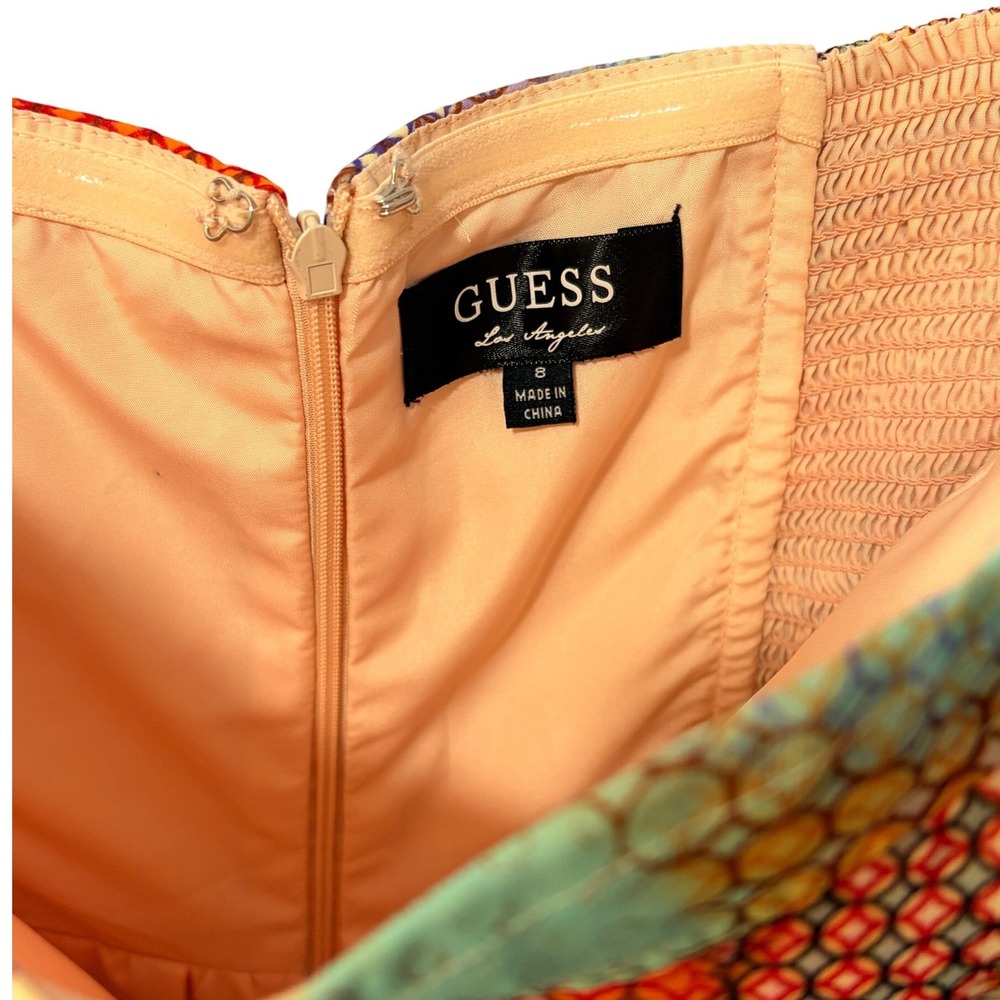 Guess Los Angeles Strapless High-Low Maxi Dress Orange Pink Honeycomb Print Sz 8 - Picture 2 of 3